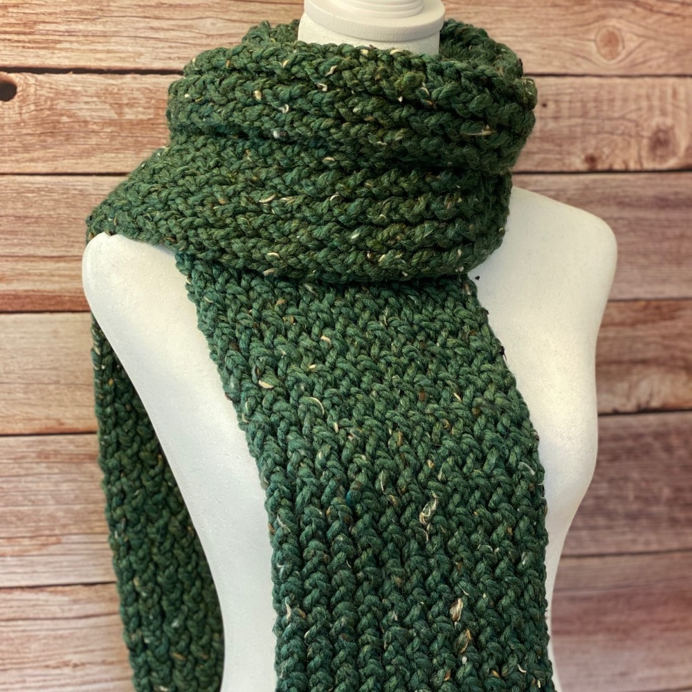 Green Knit Chunky Scarf Long Wool Blend